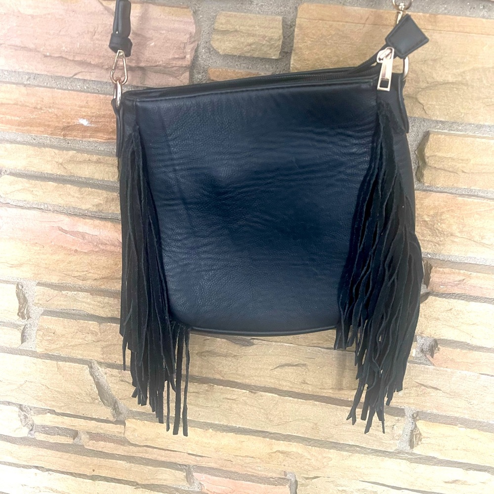 Crossbody black leather fringe purse